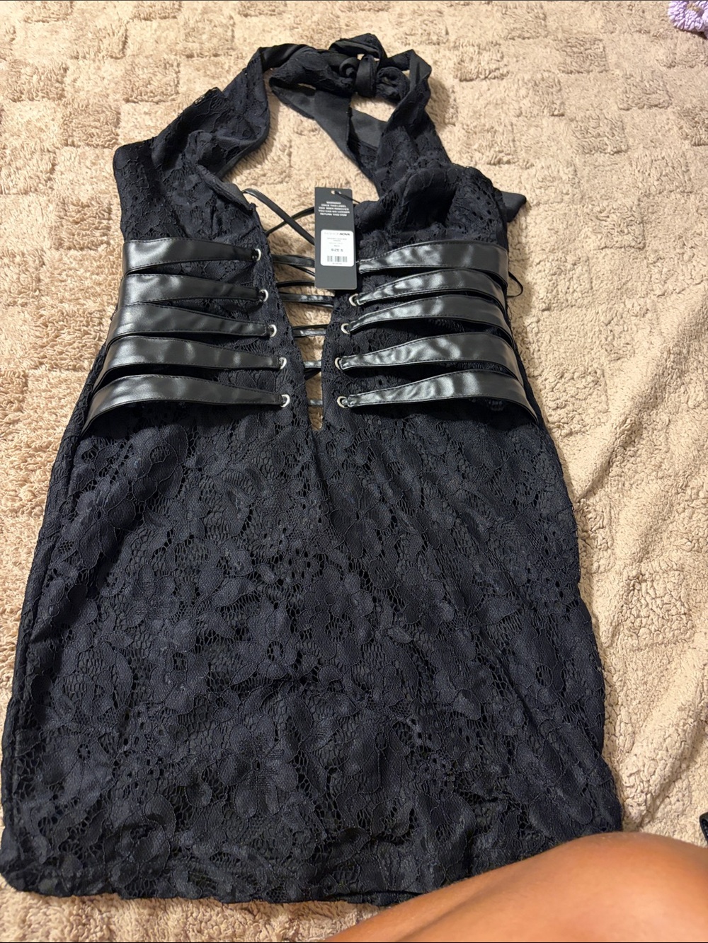 Fashion Nova Black Lace Halter Mini Dress with Faux Leather Corset Straps